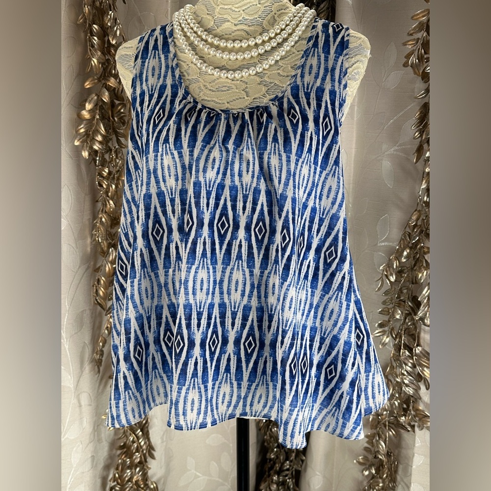 Meadow Rue‎ Blue Ikat Print Sleeveless Blouse - Boho Chic Style medium